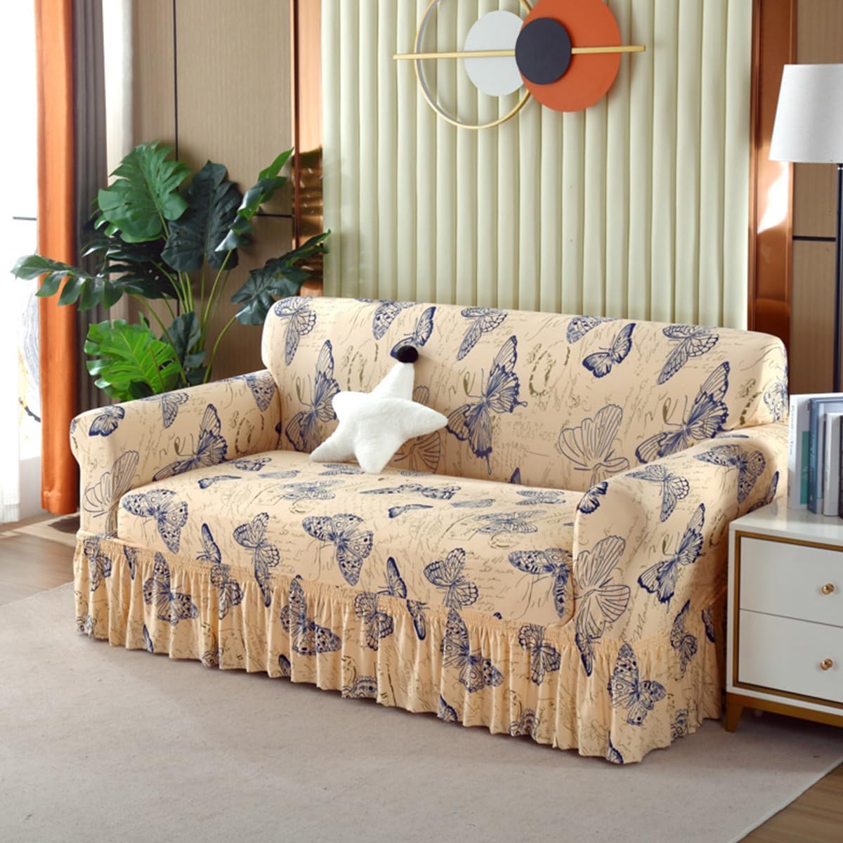 KAIJIE Non Slip Elastic Universal 2-Person Sofa Cover with Printed Pattern with Ruffle Skirt Sofa Cover Modern Furniture Protective Cover