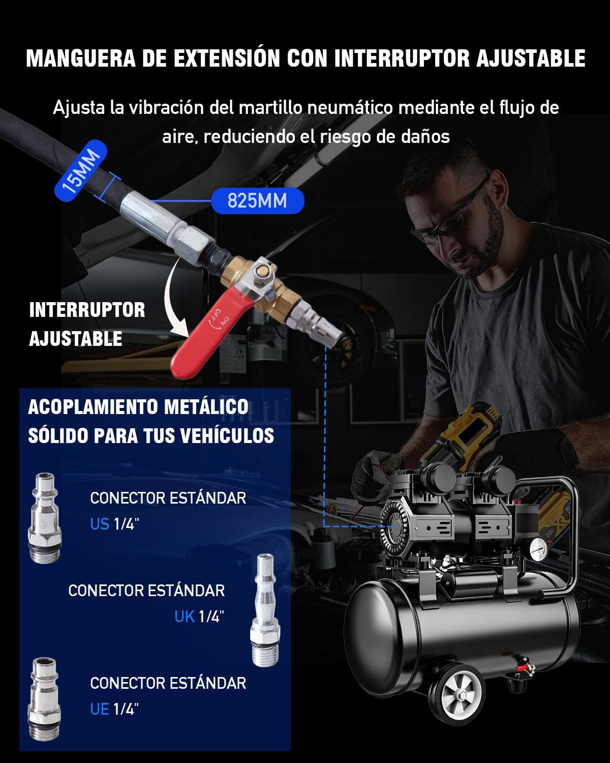 24 PCS Extractor de Inyectores Diesel Neumático con 19 Adaptadores M12–M27 | Extractor Neumático Inyectores con 3 Conectores 1/4" (US/UK/EU), Construcción en Acero Reforzado, 5–8 bar