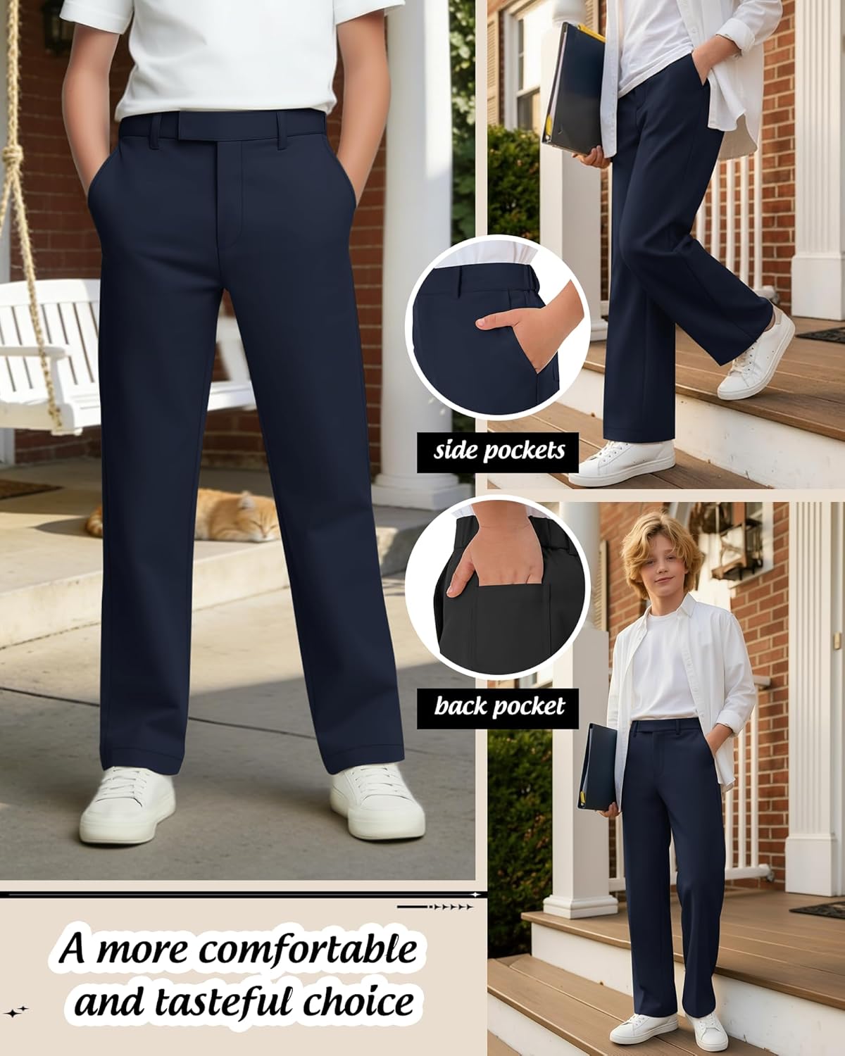 Boys Dress Pants Kids Uniform Pants Elastic Waist Straight Teens Golf Straight Suit Trousers with Pockets - Image 4