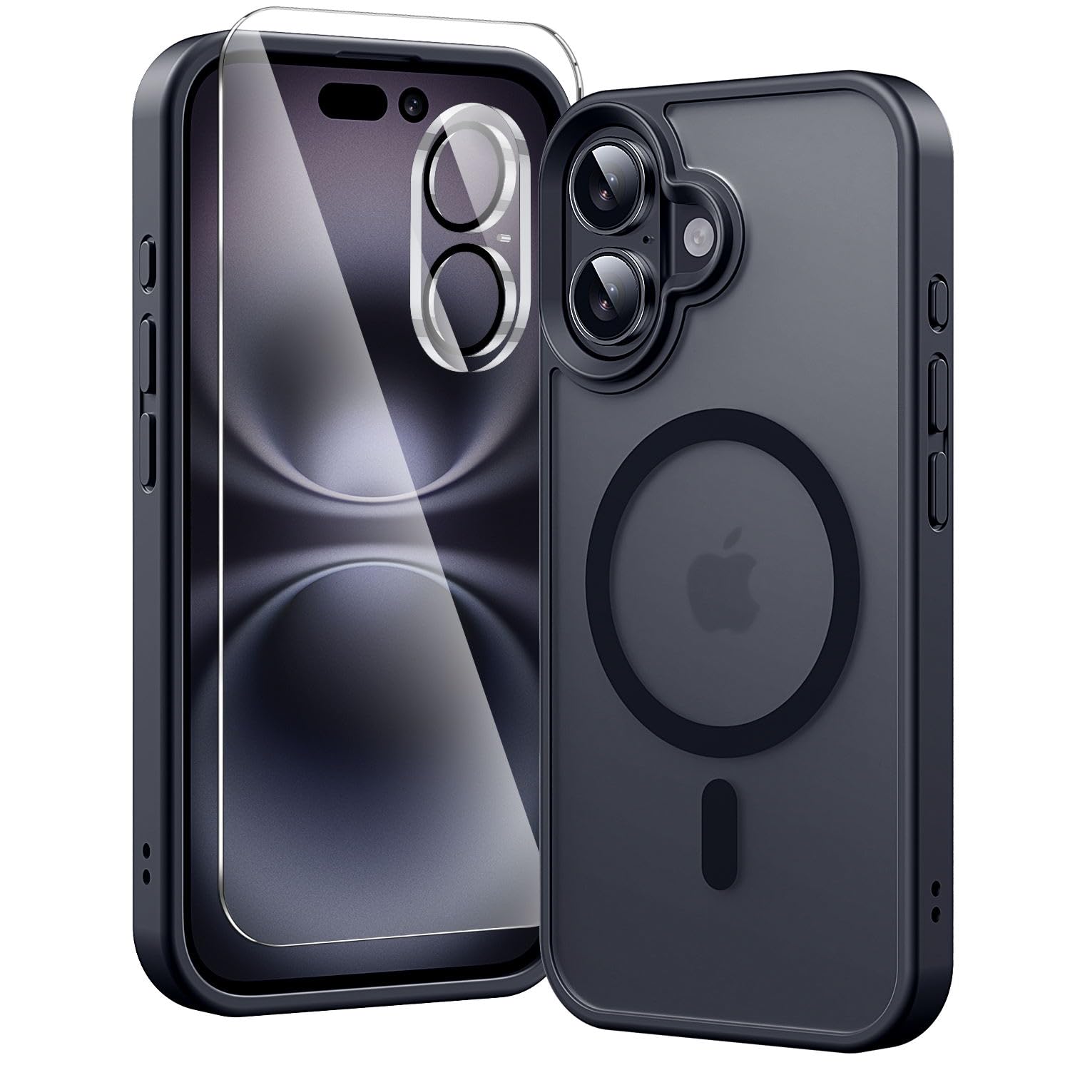 toushion 3 in 1 for iPhone 16 Plus Case Clear Matte Black | with MagSafe,Screen Protector *1 & Camera Lens Protector*1, Skin Feeling Back Cover