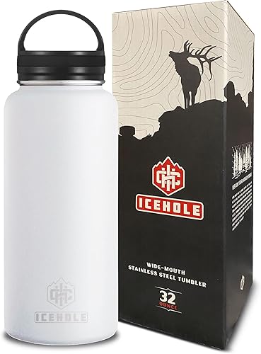 ICEHOLE Botella de agua de boca ancha de 32 onzas con tapa con asa, botella de agua de acero inoxidable con aislamiento de doble pared, botella