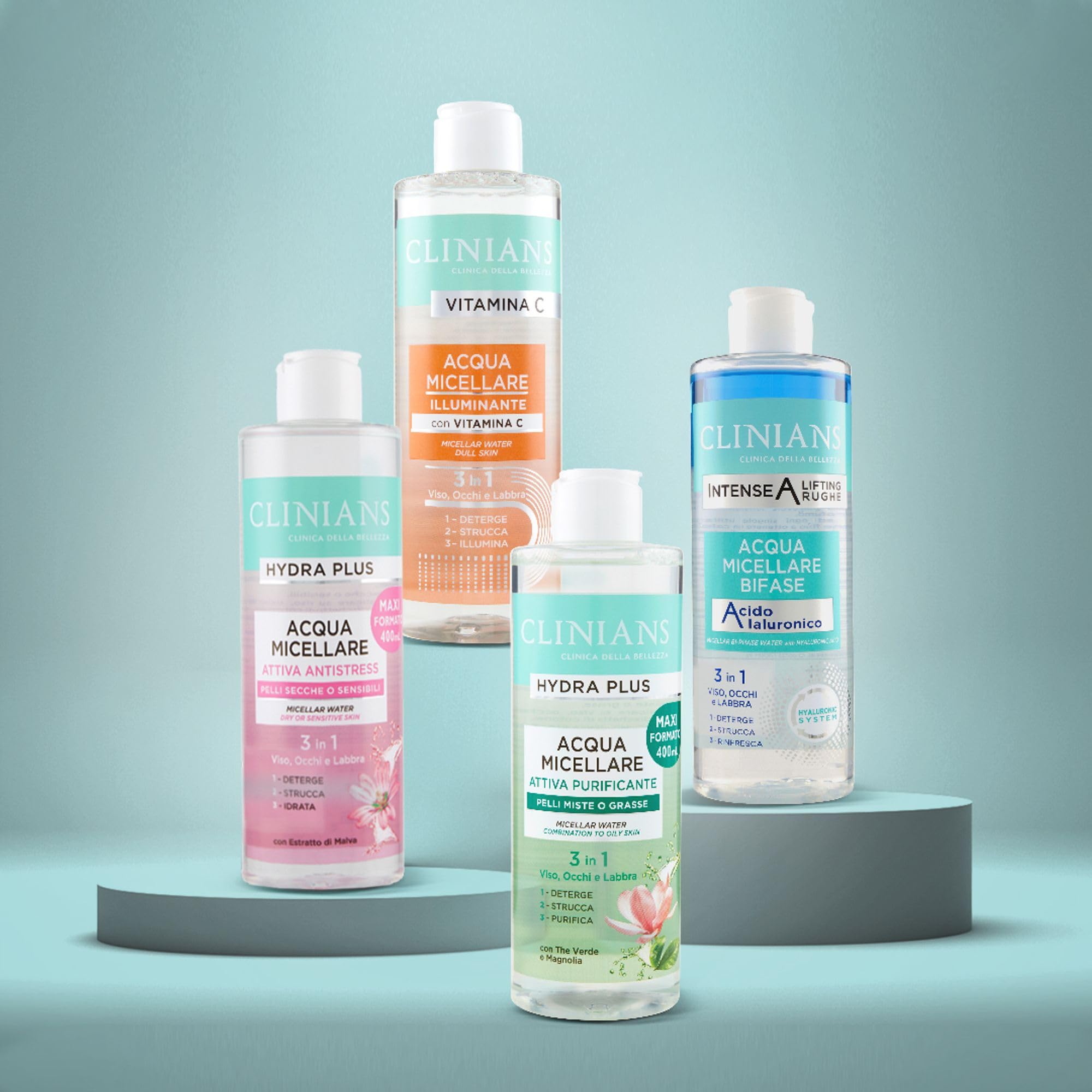 CLINIANS | Acqua Micellare Rimozione Trucco Purificante Hydra Plus Active, Dermatologicamente Testato, Deterge Delicatamente, Made in Italy, 400 ml