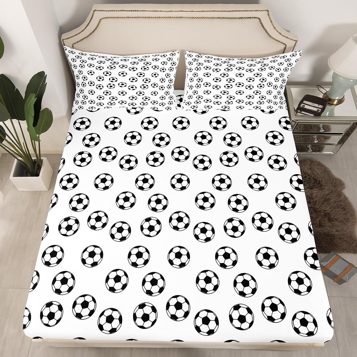 Soccer Kids Fitted Sheet Twin Size,Ball Sports Games Competition Bedding Set,Girls Boys Adults Room Decor,American Football Cartoon Bed Cover,Black White Unique Bed Sheet,1 Pillowcase?No Flat Sheet?