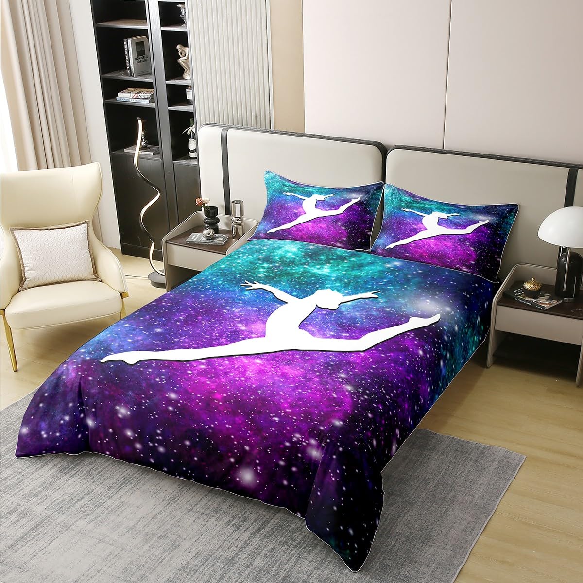 Loussiesd Gymnastik Bettbezug Set Glitter Bettwäsche Set 135x200cm 100% Baumwollecm für Kinder Mädchen Weltraum Galaxie Dekor Betten Set Bettdeckenbezug Blau und Lila Galaxie Schlafzimmer Bettwäsche