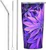Purpleleaf Simple Modern Insulated Travel Mug with Lid and Straw Reusable Stainless Steel Iced Coffee Cup Straw Three-Piece Set
