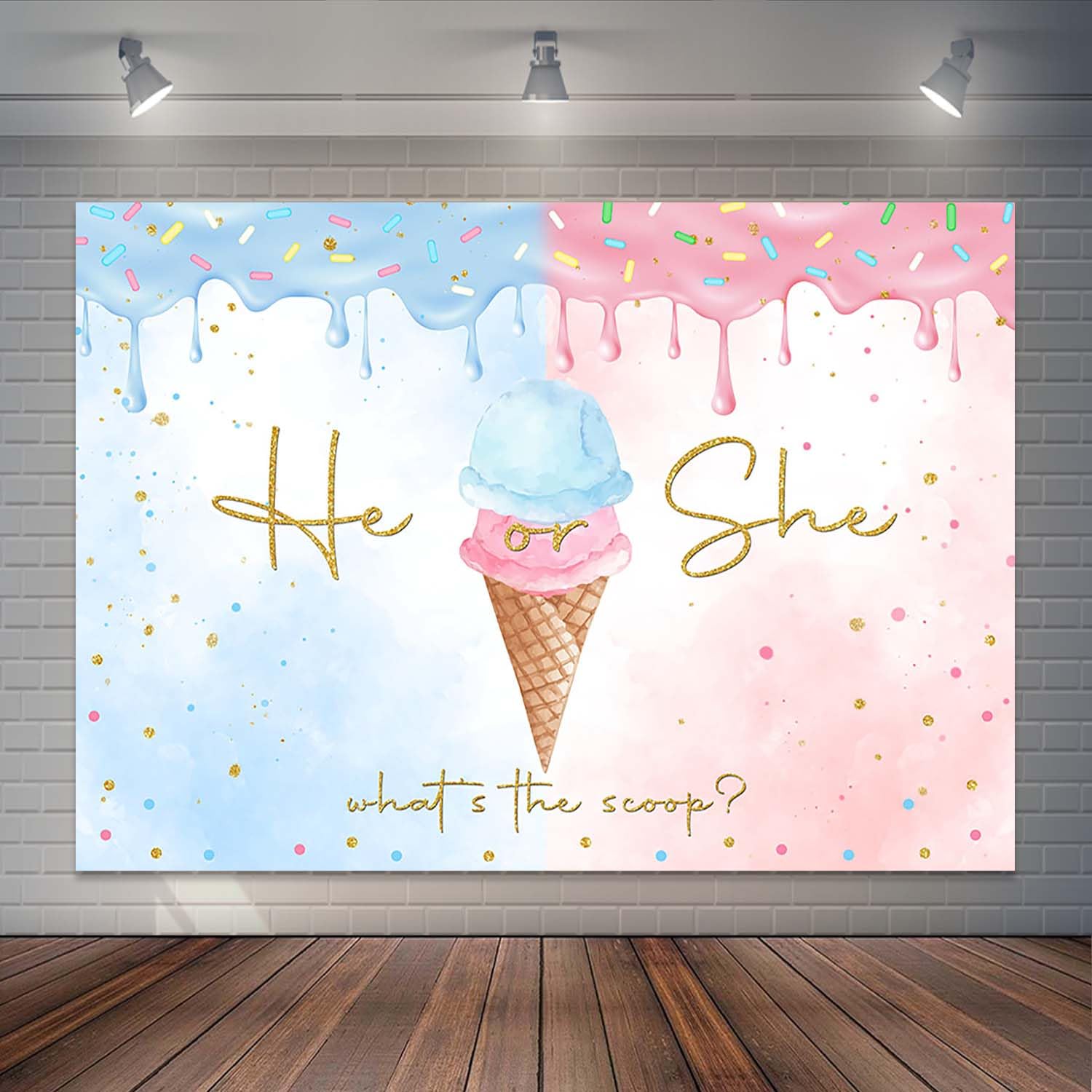 Joliaco Ice Cream Gender Reveal Backdrop Summer He or She Ice Cream Photography Background Gold Dots What's The Scoop Gender Reveal Cake Table Banner