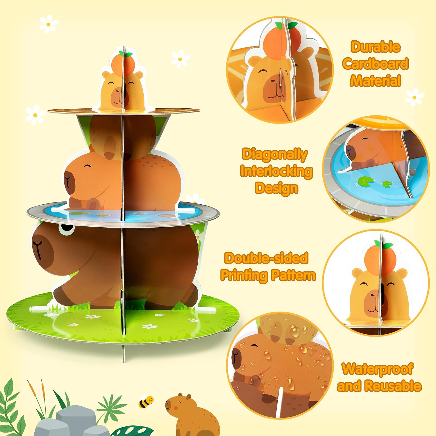 ANGOLIO 3 Tier Capy Birthday Cupcake Stand Party Decorations Cute Capy Animals Cupcake Holder Brown Cartoon Animals Dessert Tower for Kids Birthday Animals Theme Decor Baby Shower Party Supplies