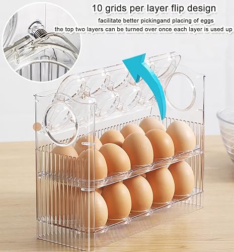 Miniatura 3 de Soporte para huevos abatible para 30 huevos, almacenamiento de huevos para refrigerador, contenedor de huevos de acrílico transparente de 3 niveles,