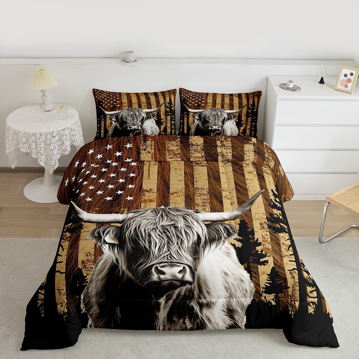 Feelyou Highland Cow Comforter Set for Boys Girls Highland Cattle Comforter Set King Size American Flag Animal Bedding Set Bedroom Decor Duvet Set Western Decor Quilt Set 3Pcs