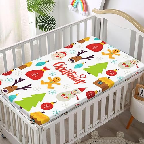 Miniatura 2 de Sábana bajera ajustable de Navidad para cuna, patrón de dibujos animados con estampado de fondo navideño, sábana bajera portátil para cuna pequeña,