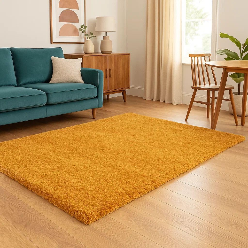 Mustard Yellow Rug Thick Pile Comfort Warm Underfoot Feel Soft Plush Texture Nursery Bedroom Lounge Use Golden Ochre Accent Rugs 120cm x 170cm (3ft 11" x 5ft 7")