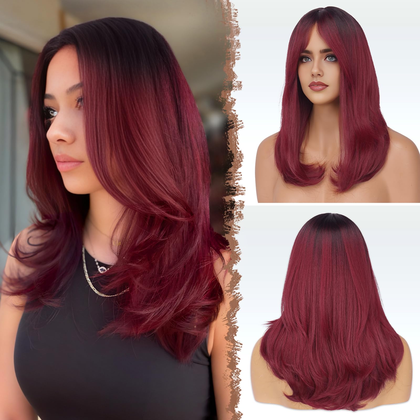 FESHFEN Wigs with Bangs for Women, Synthetic Natural Looking Ombre Wine Red Long Layered Straight Auburn Hair Wig for Women Daily Party Use, 18 inch