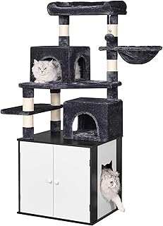 BEWISHOME Cat Litter Box Enclosure All-in-one Cat Tree with Hidden Litter Box Furniture Multifunctional Cat Tower with Scratching Posts Modern Cat Condo House MMJ84H