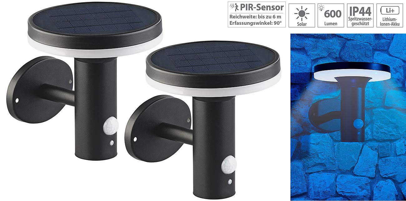 Lunartec Wandlampe: 2 Premium-LED-Solar-Wandleuchten, PIR-Sensor, Nachtlicht, 600 Lumen (hochwertige Solar-Wandlampe, Moderne Wandlaternen, Dimmer)