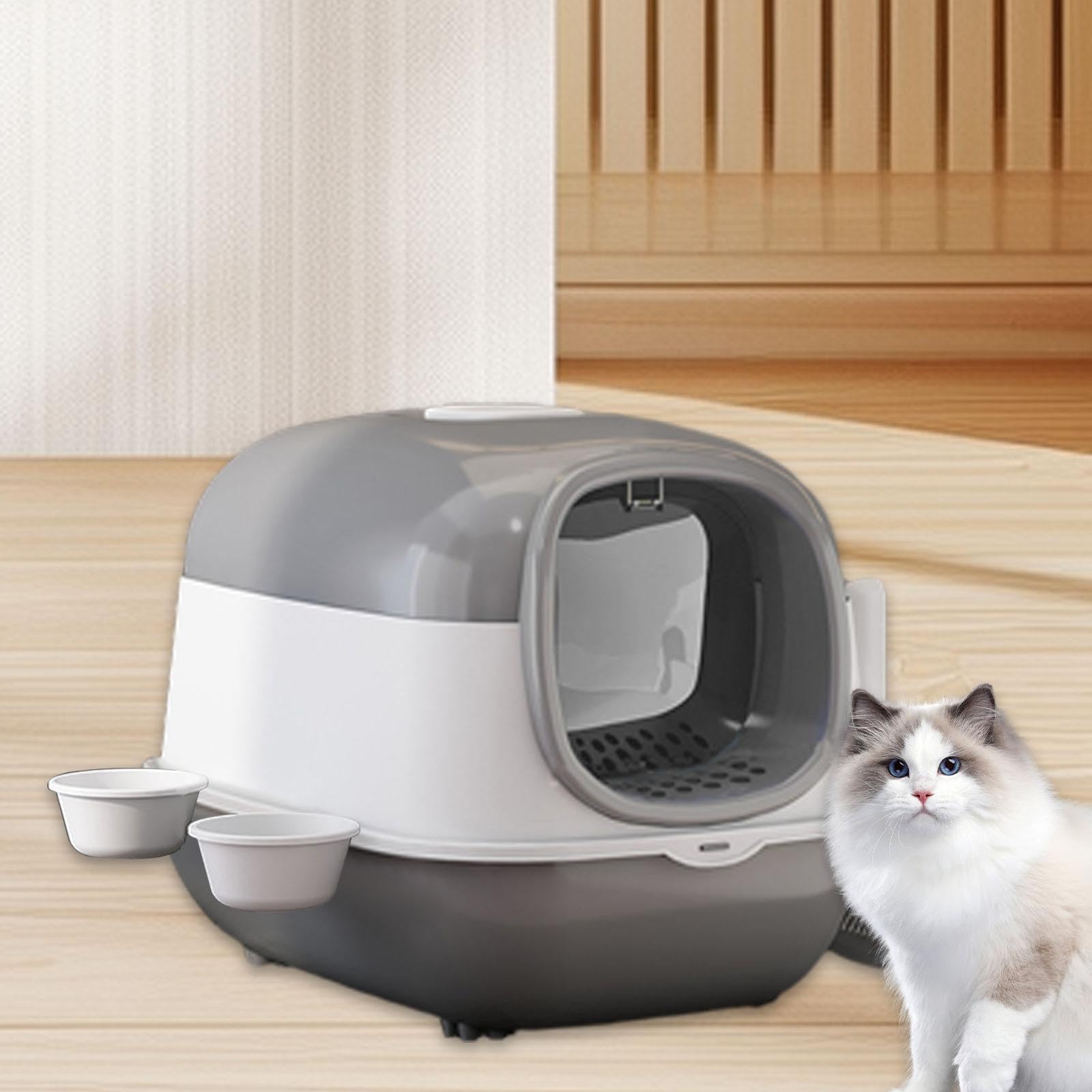 Caja de Arena para Gatos con Capucha, Orinal para Gatitos con para Gatos Y Puerta Delantera para Gatos de Interior, Inodoro Cerrado para Gatos, Gris
