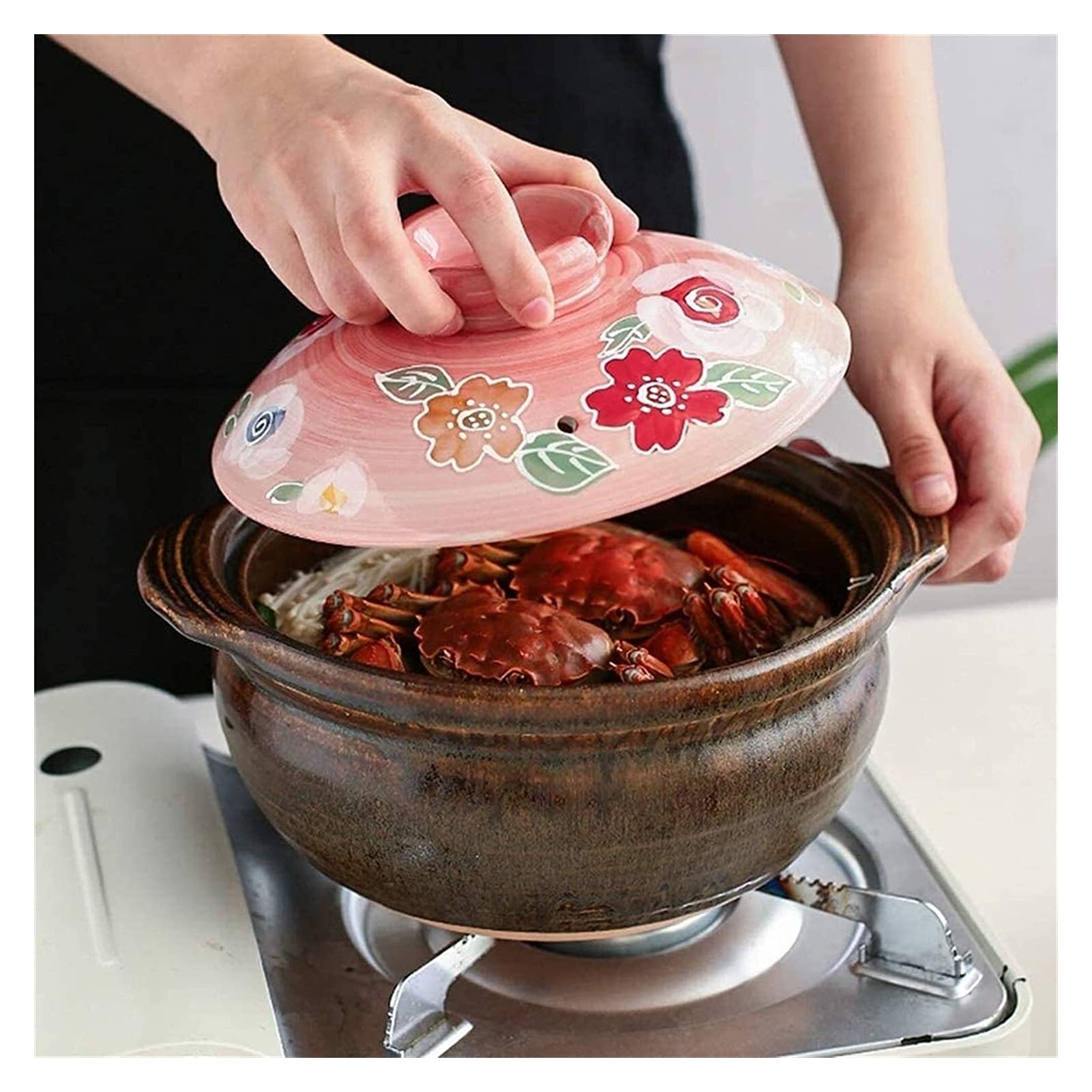Casseruola Universale con Coperchio, casseruola in Ceramica, pentola in Terracotta Stampata Resistente al Calore, pentola per zuppa Resistente al Calore, pentola a cottu