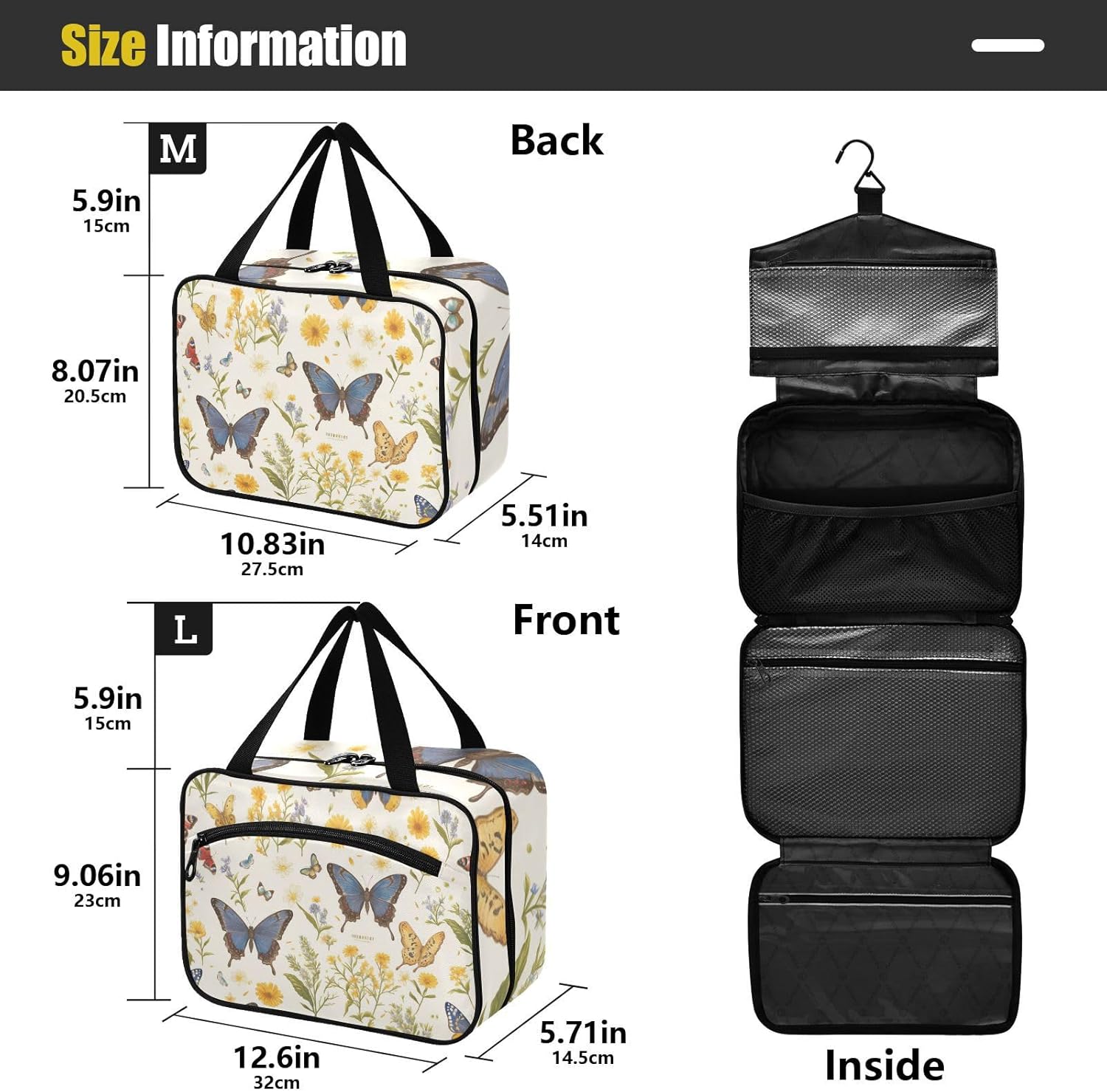 Colorful Butterfly Flowers hanging travel size toiletries kit with hook, designer foldable makeup case for travelers cruises estuche de maquillaje para mujer L