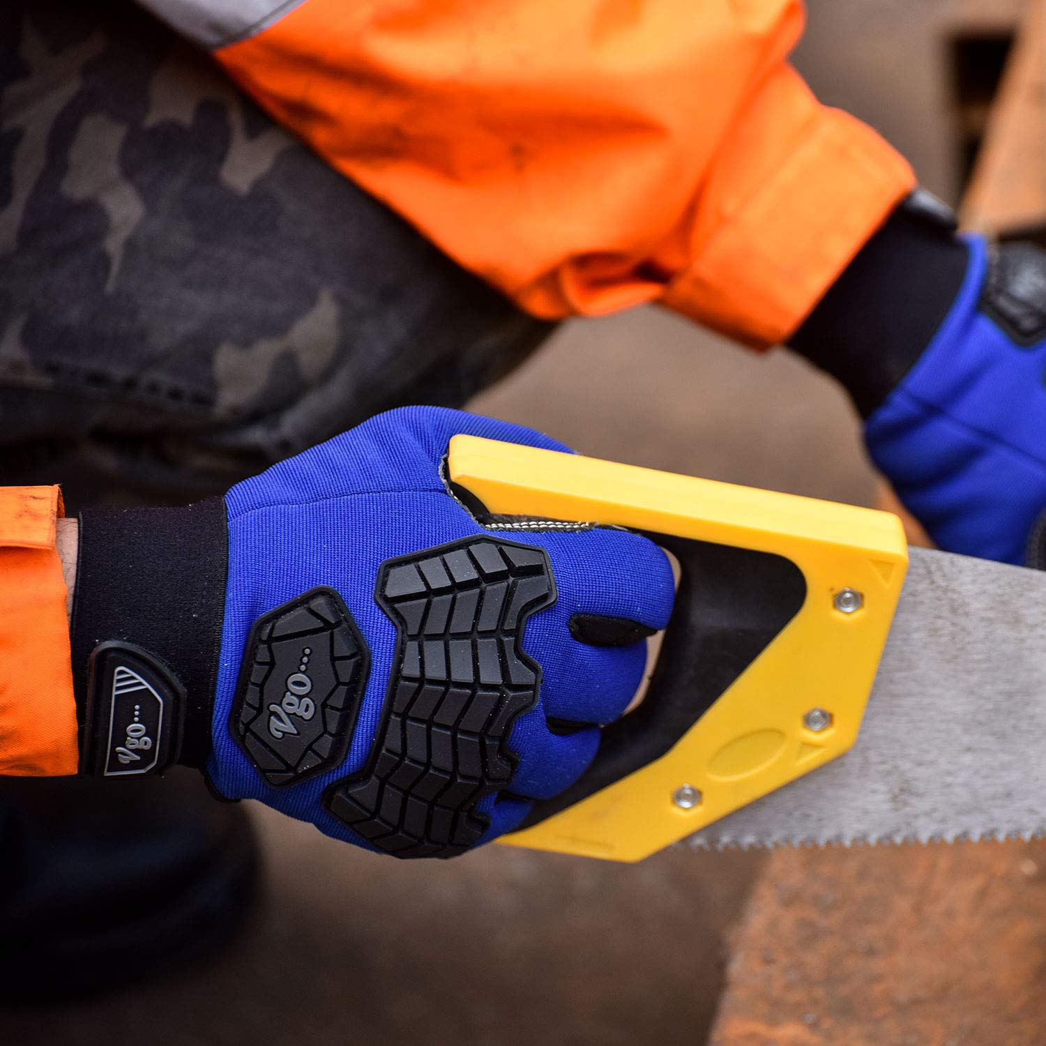 Vgo... 1 Pair Men's Medium Duty Goat Leather Work Gloves,Touchscreen Compatible, hook and loop cuff (Size M, Blue, GA9700)
