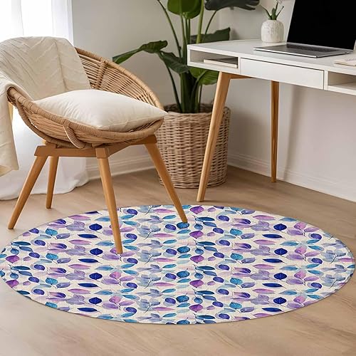 Miniatura 4 de Round Rugs 4 Feet, Blue Purple Leaves Non-Slip Area Rugs for Living Room Bedroom Entryway, Botanical Abstract Color Retro Plants Washable Carpet