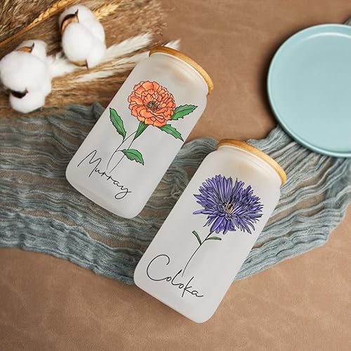 Miniatura 3 de Vaso de café helado personalizado con tapa de bambú y popote de plástico, taza de vidrio con nombre con flor de nacimiento, taza de café en forma de