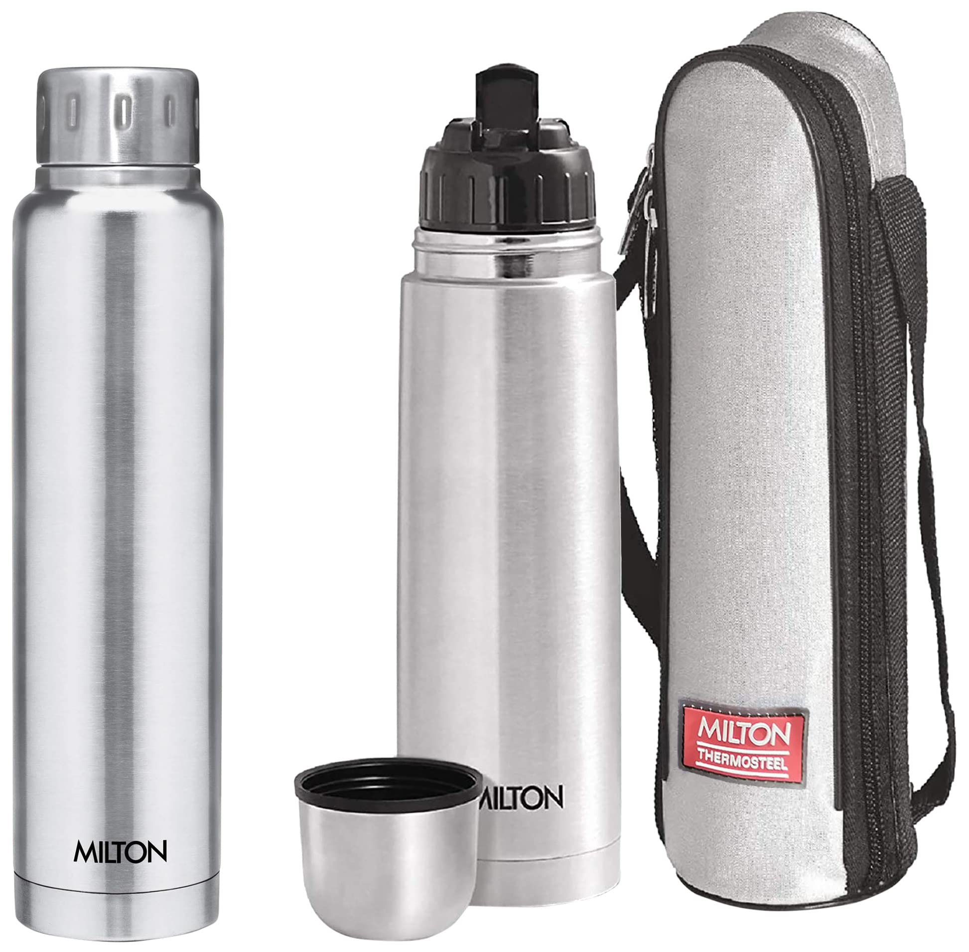 Milton Thermosteel Elfin 750 ml Bottle, Steel Plain & Thermosteel Flip Lid Flask, 750 millilitres, Silver Combo