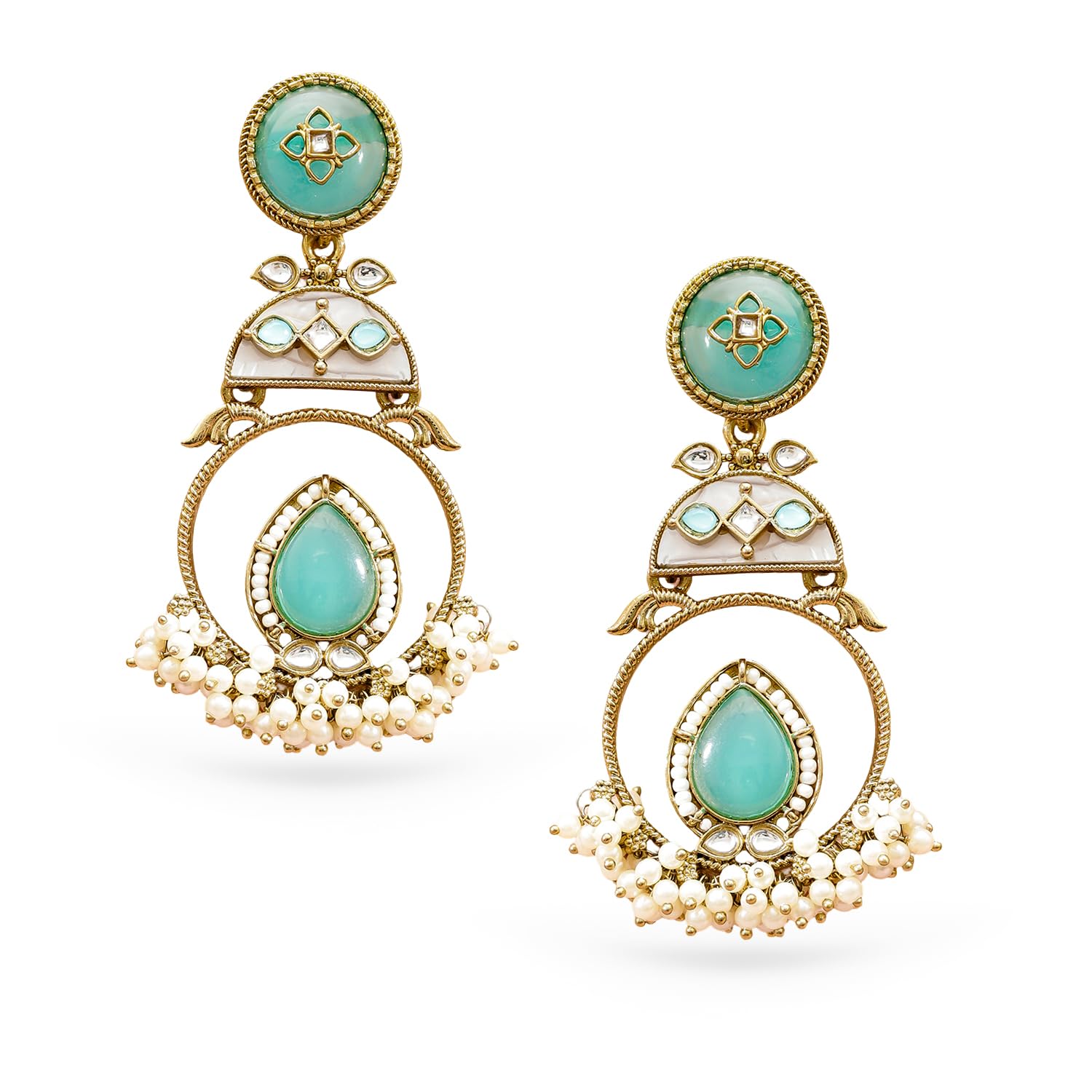 rubans Drop Earrings Stylish Jewellery with Aqua Green Stone & Pearls Gift for Women & Girls-picture-17