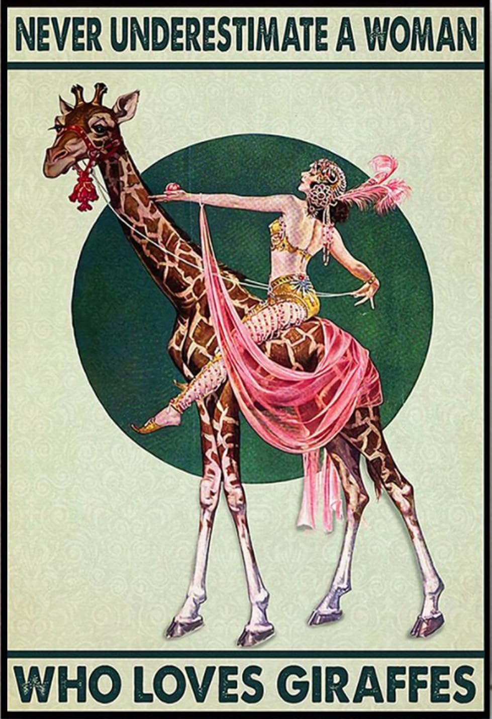 Kisoyo Girls Vintage Metal Tin Sign Riding Giraffe Never Underestimate A Woman Show Loves Giraffes Poster, Cool Giraffe Wall Art, Animal Art Home Parlor Garden Courtyard Wall Decor 8X12 Inch