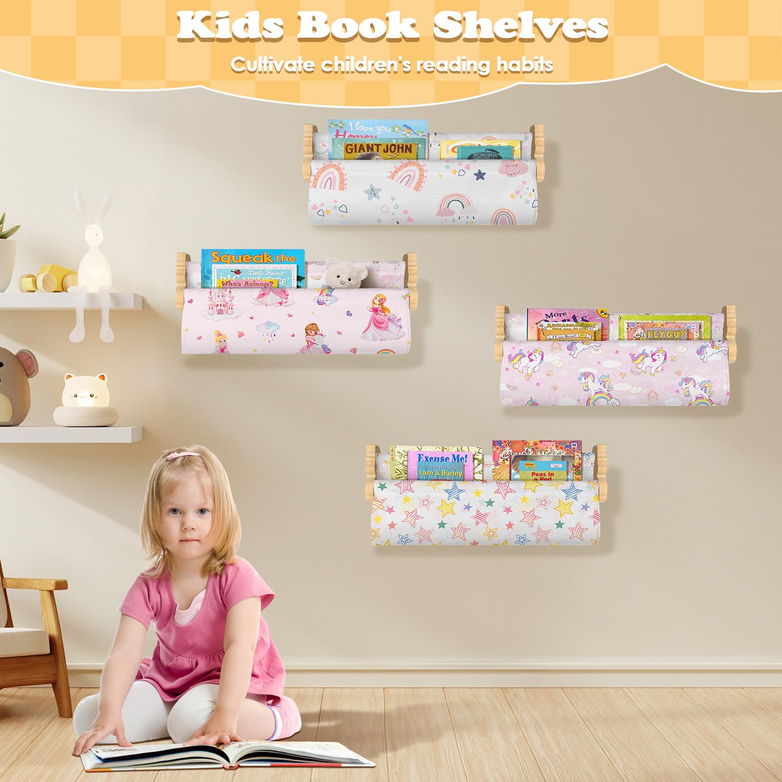 Decalsweet Kids Bookshelf,Set of 4 Floating Book Shelves for Wall,Wooden Book Shelf for Kids Room Classroom Nursery Decor,Gift for Girls Toddler Children,Unicorn - Image 2