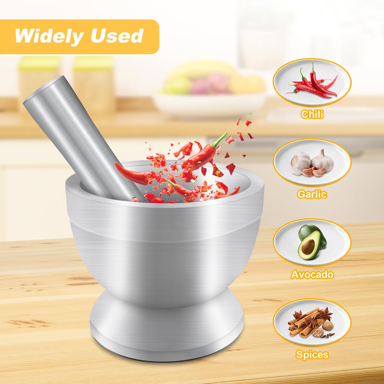Xpieoyrm Acero Inoxidable Mortero Cocina Juegos de Mortero y Mano, Mortero Cocina con base antideslizante, juego manual de mortero y maja, para Moler Especies, Hierbas,Medicamentos u Otras Sustancias