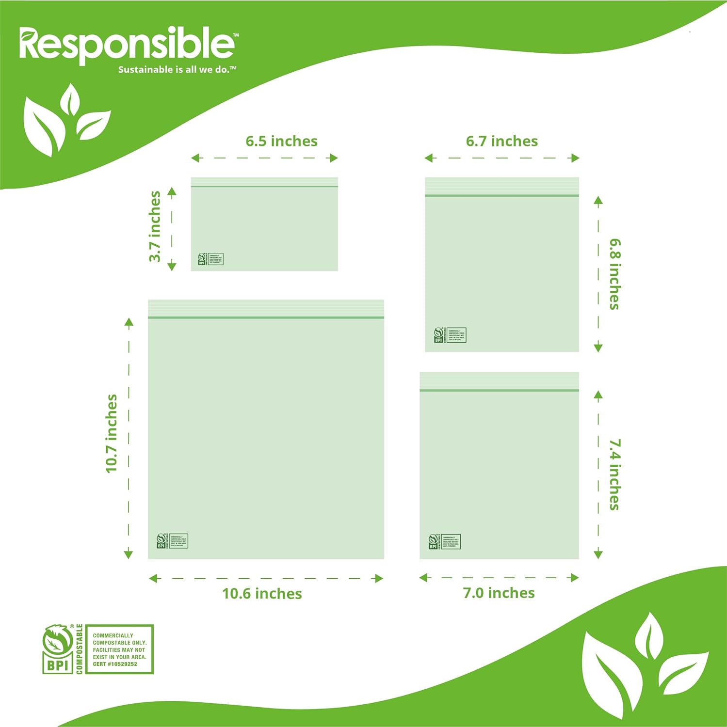 Resealable Zip Bag Value Bundle Pack - Certified Compostable (1 Box of Each - Sandwich, Snack, Quart, and Gallon) - 110 Total Bags Included