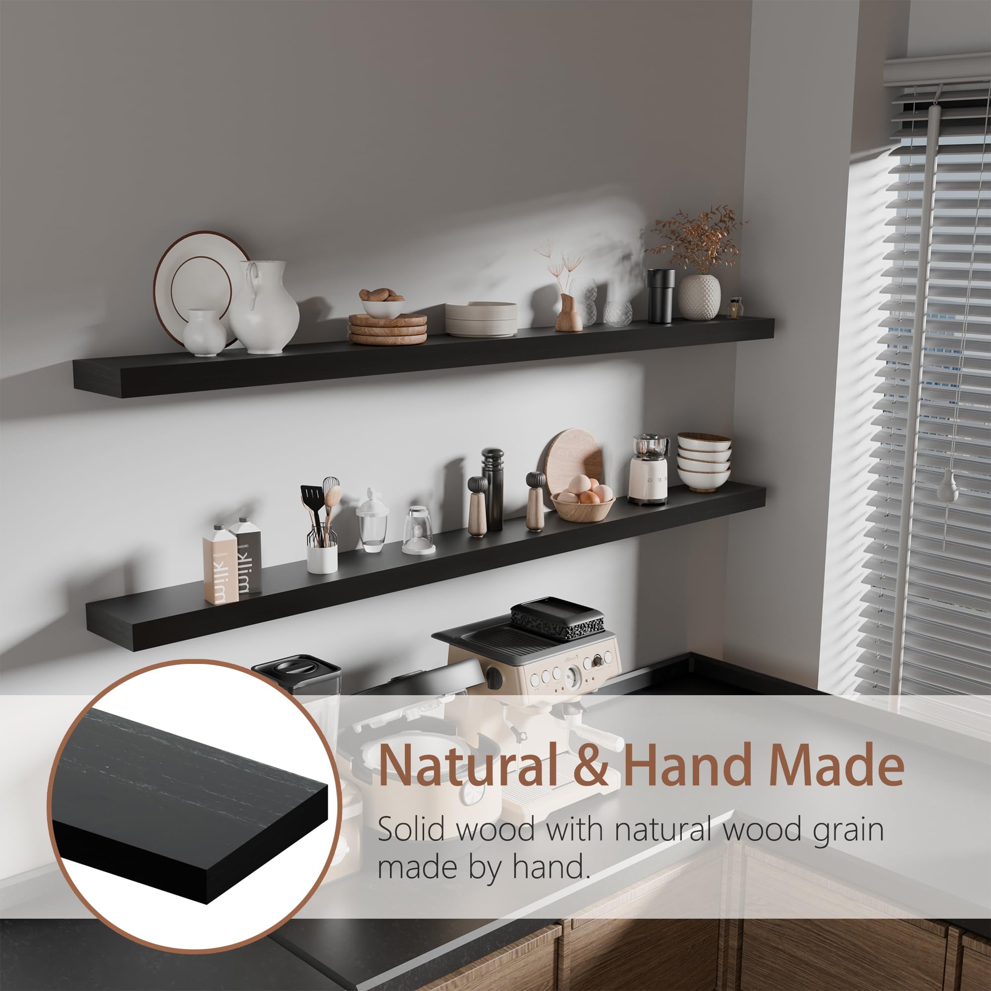Estantes flotantes de 60 pulgadas de largo para pared, estantes largos de madera maciza, juego de 2, estantes rústicos montados en la pared con soportes invisibles para decoración y