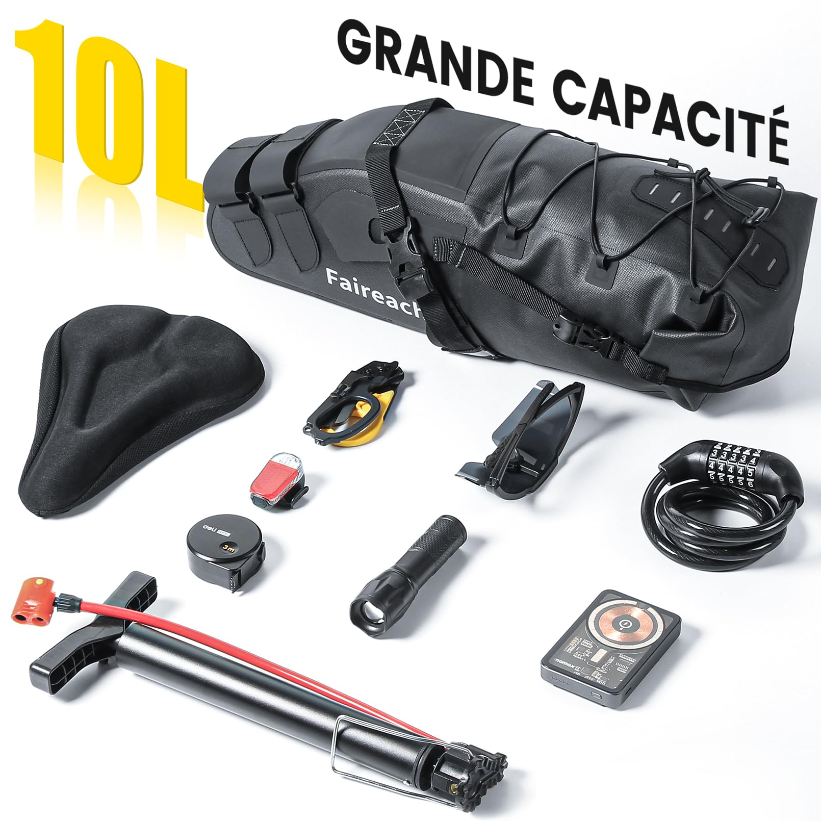 Sacoche de Selle Vélo Étanche 10L Grand Capacité, Sacoche Velo Arrière Universelle pour VTT Route avec Bande Réfléchissante, Support de Charge Lourd 5kg pour Cyclisme, Poche Imperméable Noir