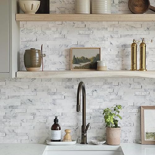 Miniatura 8 de V-MOZZA Azulejo de piedra para despegar y pegar, 5 hojas de mosaico de piedra para salpicaduras de 11.5 x 10.7 pulgadas, azulejos 3D con aspecto de