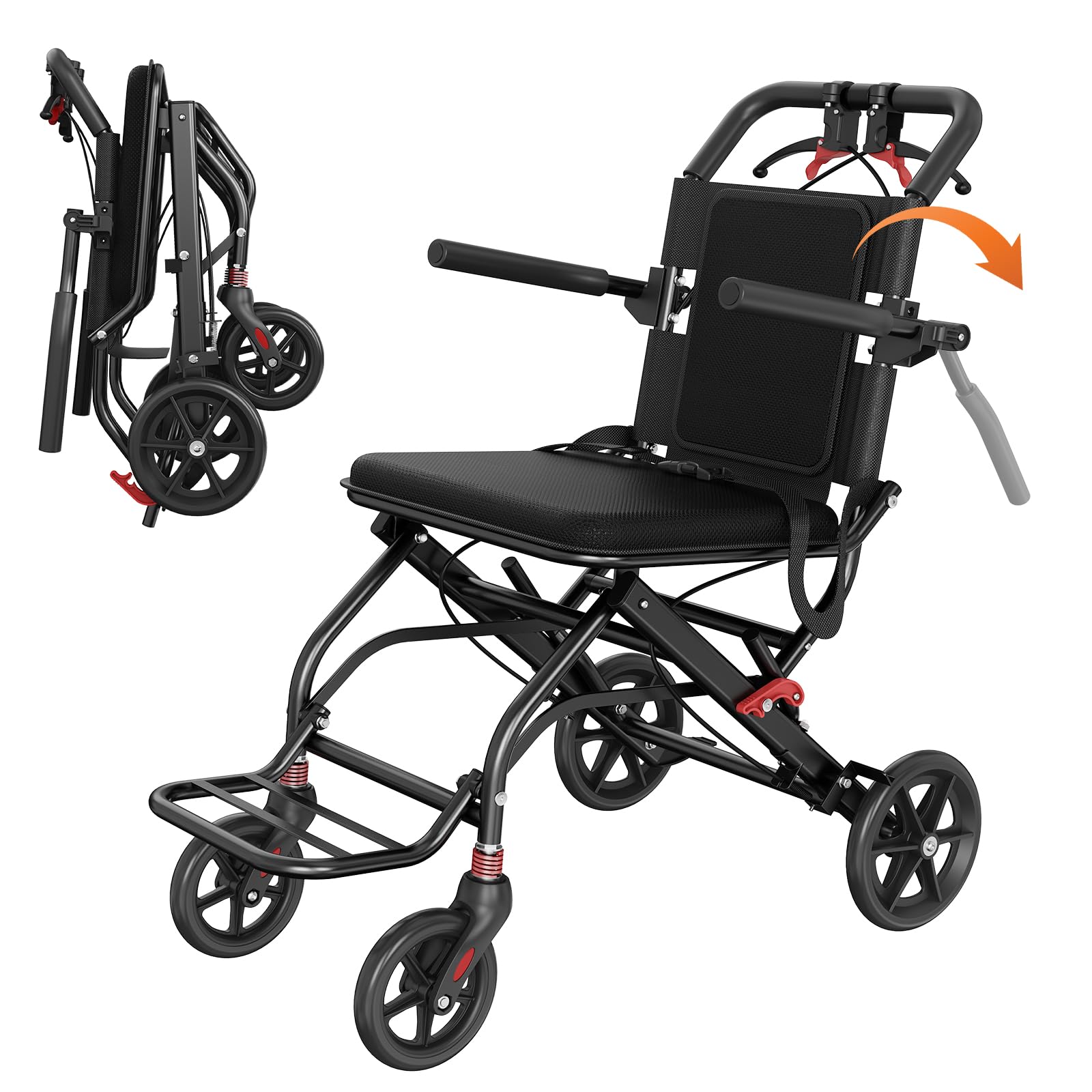 Photo 1 of Lightweight Foldable Transport Wheelchair, Portable Travel Wheelchair with Handbrake for Adults & Seniors, Easy-Fold Design & Secure Locking Brakes Transfer Wheelchairs (Black)