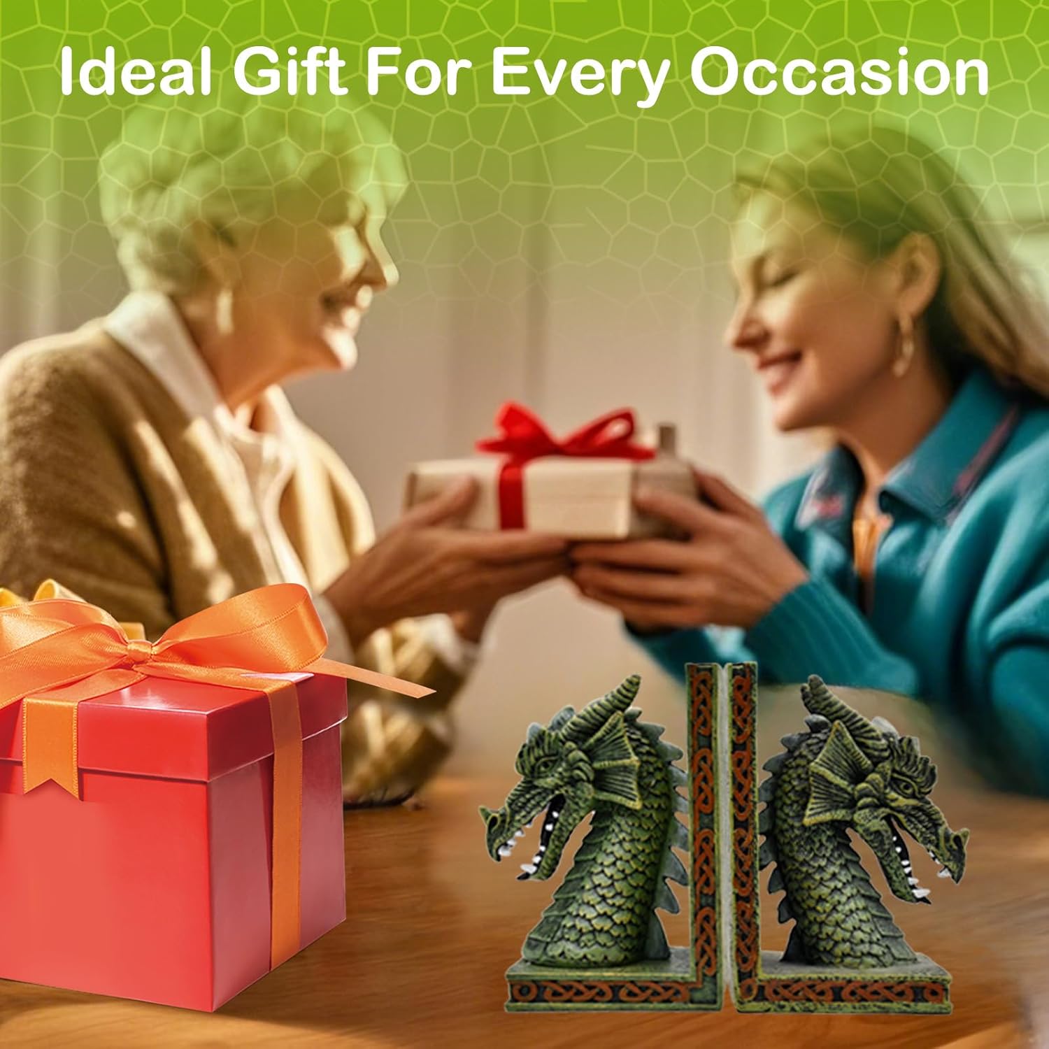 Copper Dragon Bookends for Shelves - 2 Pairs Heavy Book Ends, Objects Home Office Desk Bookshelf Decor - Unique Housewarming Gifts