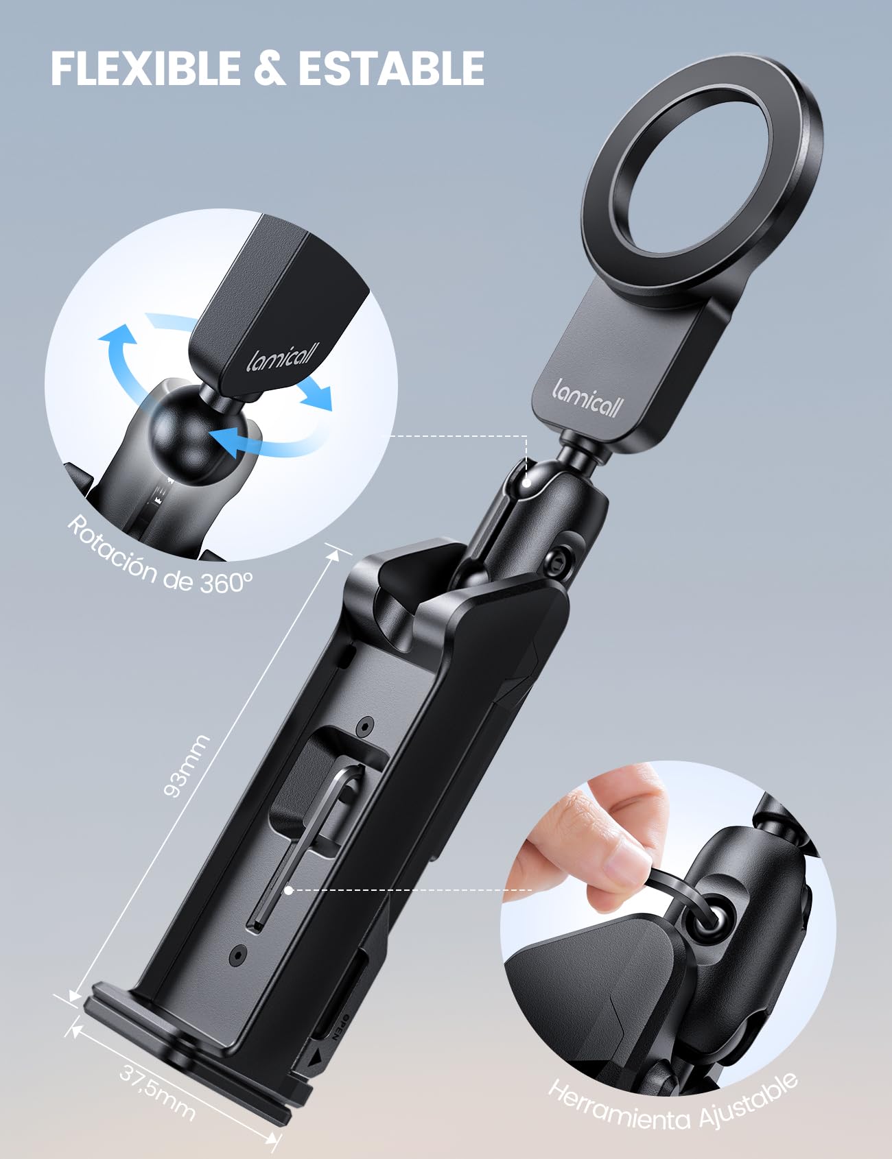 Lamicall Soporte Móvil Mesa de Avión - Soporte Magnético para Teléfono Avión Plegable con Herramientas Ajuste, 360° Rotación, Manos Libres, Apto para iPhone 17/16/15/14 y Otros Smartphones de 4,7-7"