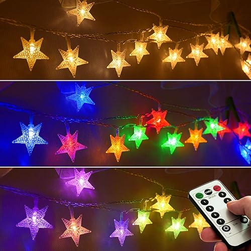 Homeleo 7.62m 50 LED Cadena de luces multicolor con forma de estrella para decoraciones de recámara, luces LED de Navidad operadas con batería para