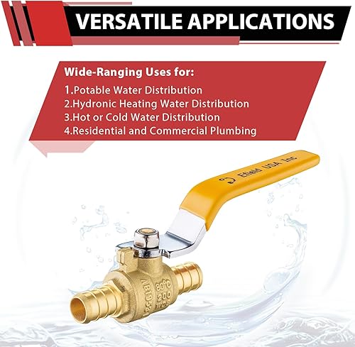 Miniatura 5 de Paquete de 5 válvulas de parada EFIELD de latón Pex de 12 pulgada, válvula de bola de cierre de puerto completo, nivel amarillo, certificado UPC
