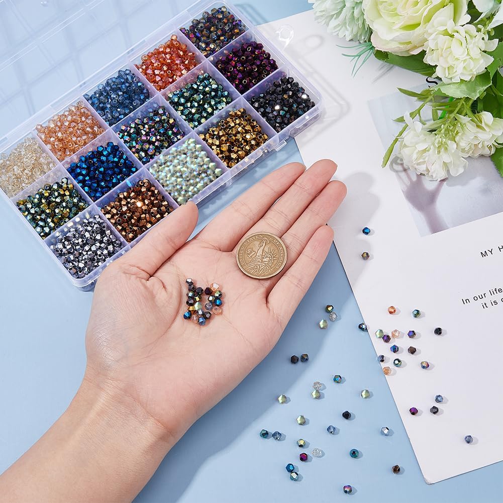 DICOSMETIC 2400Pcs 15 Colors Bicone Glass Beads Electroplated Multicolor Bicone Beads 4mm Faceted Crystal Spacer Bead Assortment for Jewelry Making, Hole: 1mm - Image 3