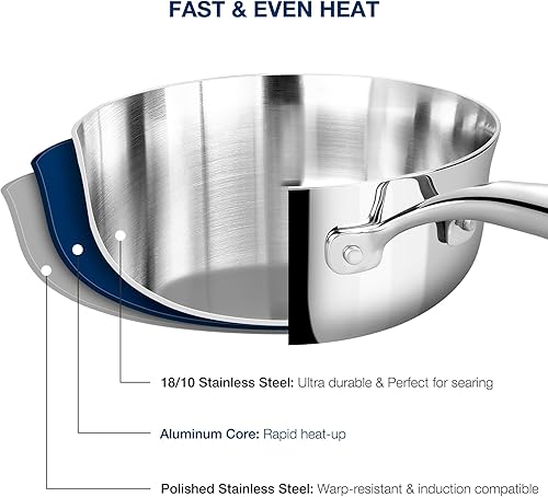 Miniatura 9 de KEAWELL K3 - Cacerola de acero inoxidable de 3 cuartos de galón de alta calidad con tapa, inducción y apta para horno hasta 600 F, calefacción