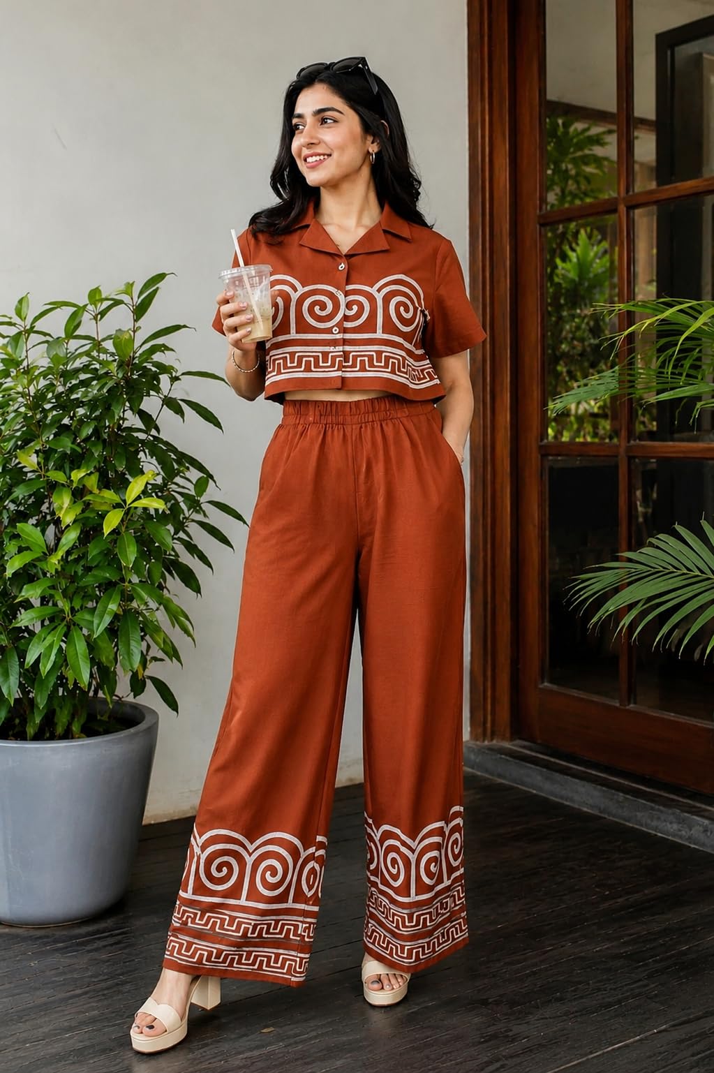 Women's Printed Co-Ord Set Shirt Palazzo Casual Summer Loungewear Matching Two Piece Outfit Half Sleeve Button Front Rust Brown-picture-32