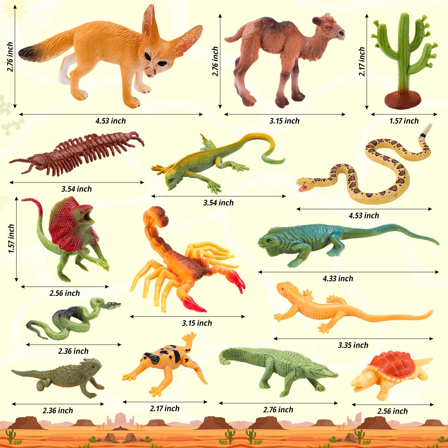 XGHSHW 32 Pcs Desert Reptile Animal Figurines Set, Desert Project Diorama with Camel Fox Rattlesnake Scorpion Lizard Tree Cactus Desert Decor for Kids Cake Toppers Party Favors School Projects