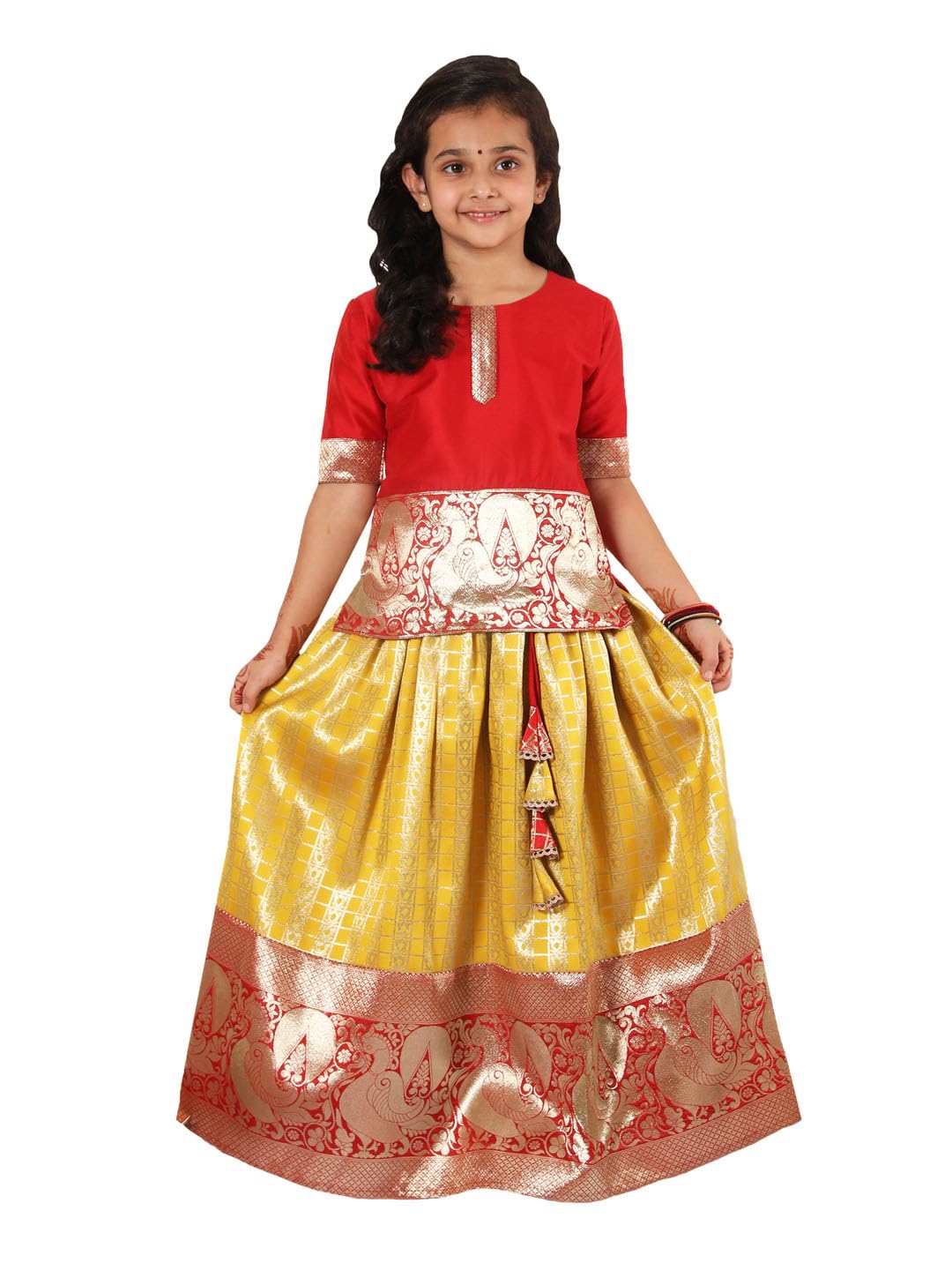 Jbn Creation Silk Blend Girls South Indian Style Pavda Pattu Lehenga (Jbnglc050Md_22_Red And Mustard_3 4 Years)