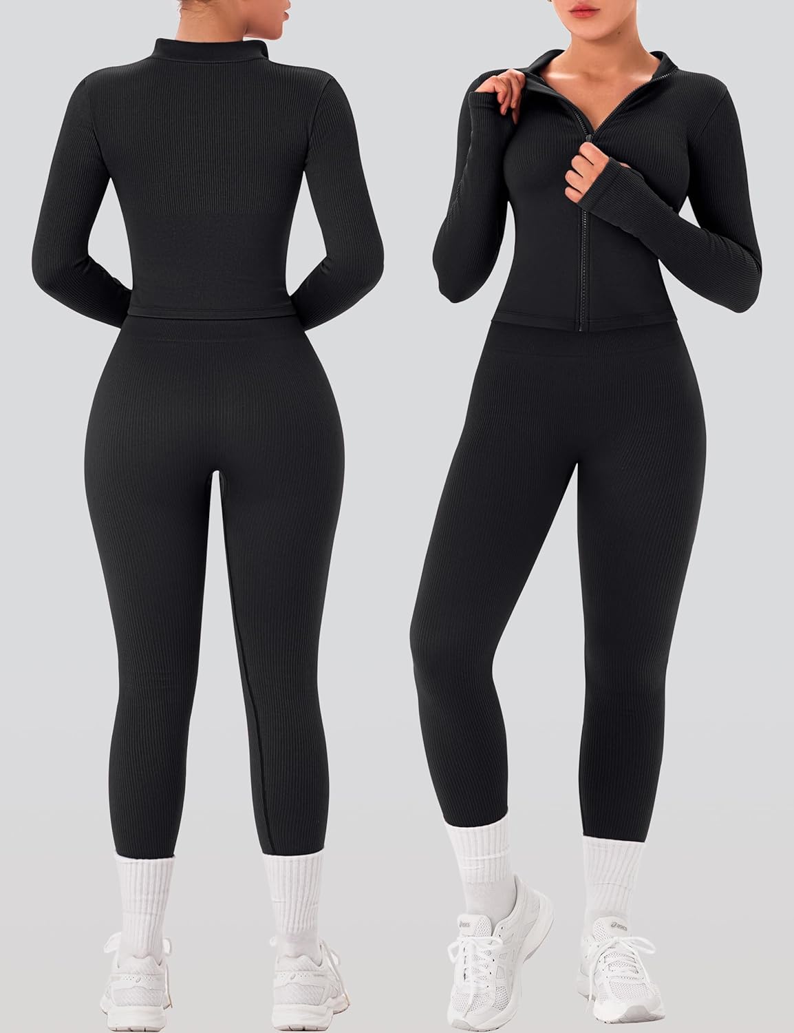OLCHEE Womens Workout Sets 2 Piece Seamless Ribbed Long Sleeve Yoga Outfits High Waist Leggings Zipper Jacket Thumb Hole Gym - Image 6