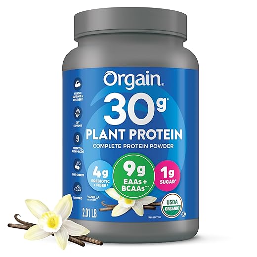 Orgain Organic 30g Vegan Plant Protein Powder, Vanilla, 9g EAAs + BCAAs, High Plant Protein, 4g Prebiotic + Fiber, 1g Sugar, Pre-Workout, Muscle Support + Recovery - 2.01lb (Packaging May Vary)