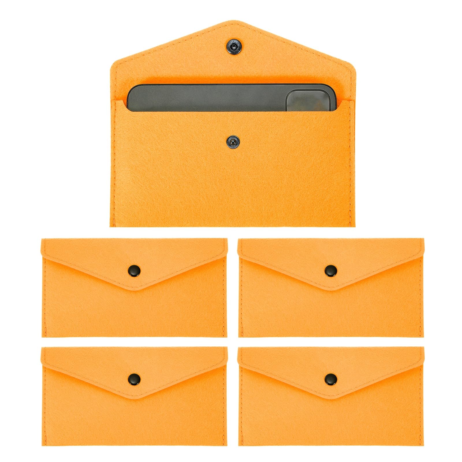 PATIKIL 5Pcs Felt Money Bag, Felt Cellphone Sleeve Case Pouch Cash Bag Button Closure Cash Envelope Wallet Storage Pouch for Card Pen Sunglasses, Orange Yellow