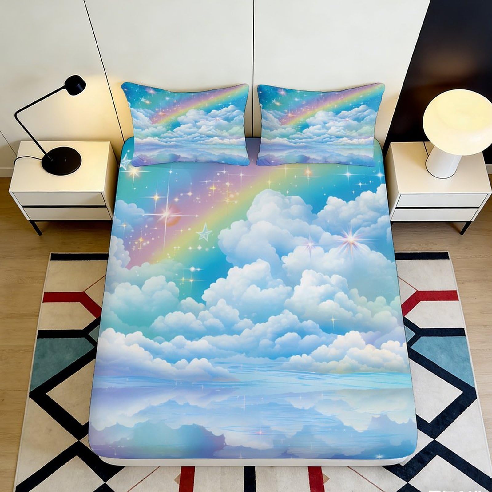 3D Printed Rainbow Clouds Fitted Sheet Microfiber Soft Breathable Starry Sky Mattress Cover for Bedroom Dormitory Guest Room Protection Decor 140x200x25cm