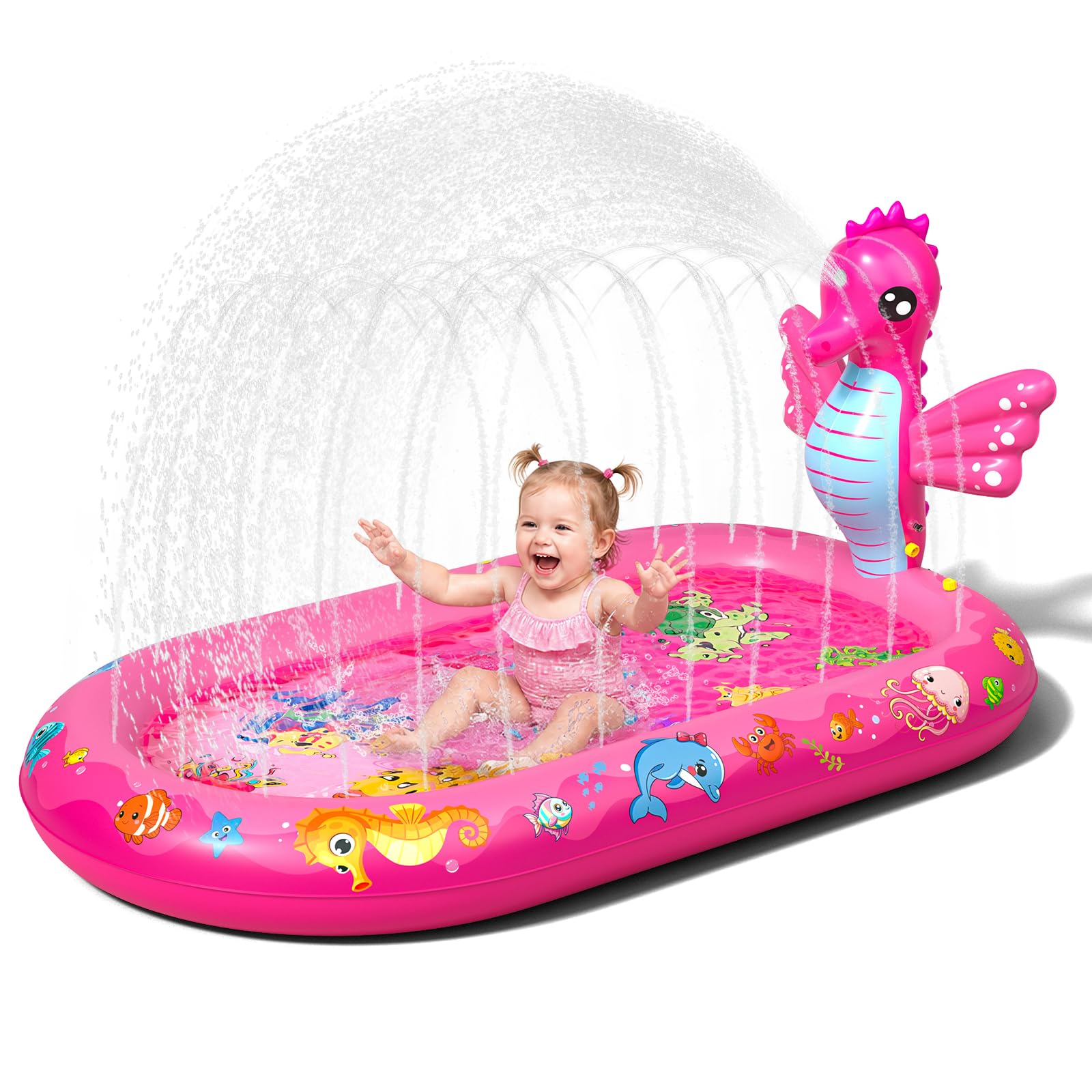 Inflatable Paddling Pool for Kids, Splash Pad for Kids, 3 in 1 Haima Pattern Kids Pool Inflatables, Thickened Material with Water Pipe, Backyard Summer Water Toys for Boys and Girls Age 1+