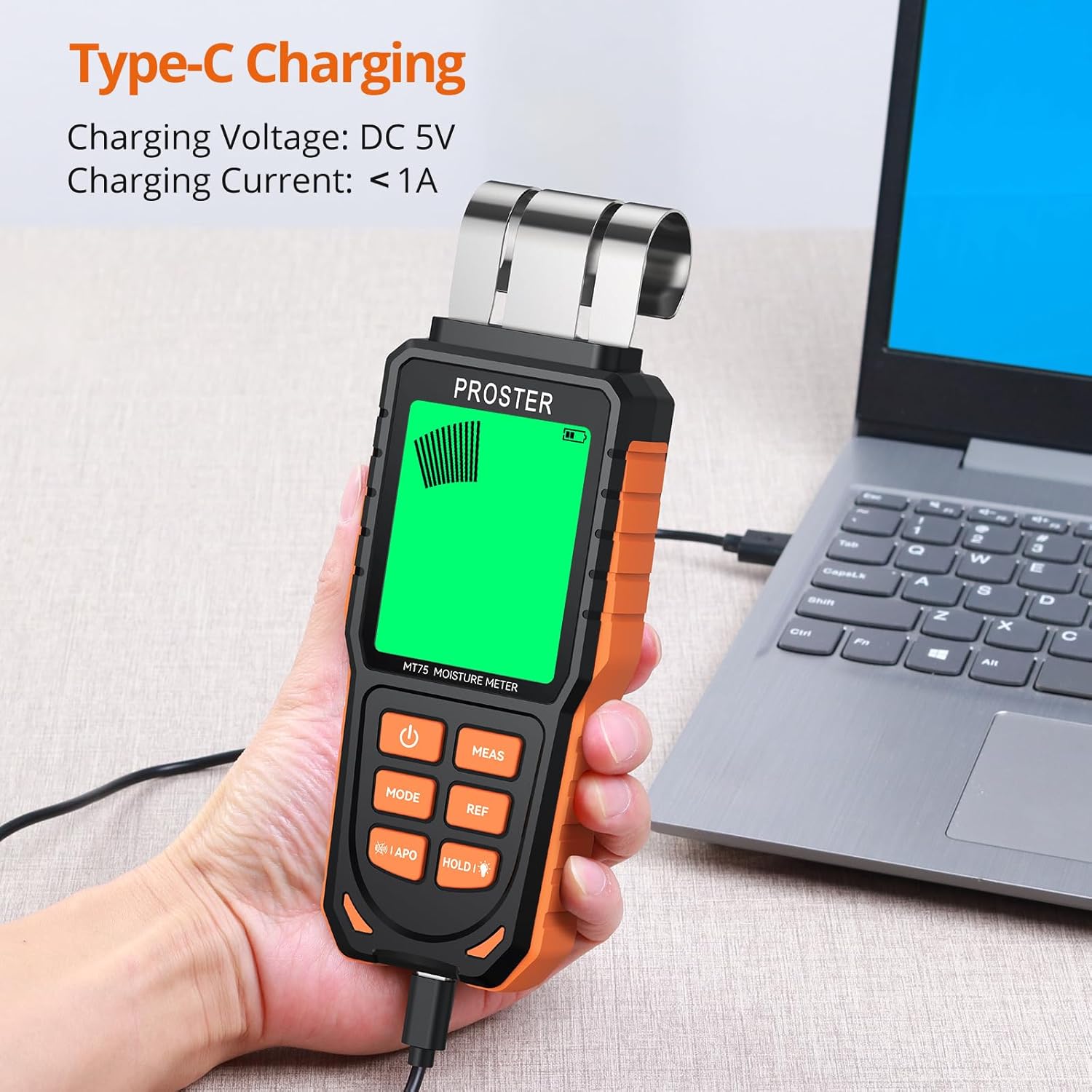 Proster Rechargeable Moisture Meter - Wall Moisture Meter with 5 Modes (Index, Concrete, Cement, Plaster, Wood) & 3-Colour Screen, Pinless Damp Tester with Visual & Sound Alerts Detects up to 40mm