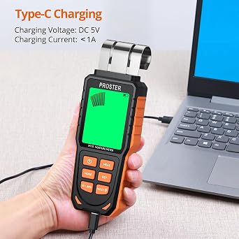 Proster Rechargeable Moisture Meter - 5 Modes Pinless 40mm Depth | 5 Modes: Index Concrete Cement Plaster Wood 3-color LCD Audible Alerts Rechargeable Data hold For Walls/Floors/Ceilings